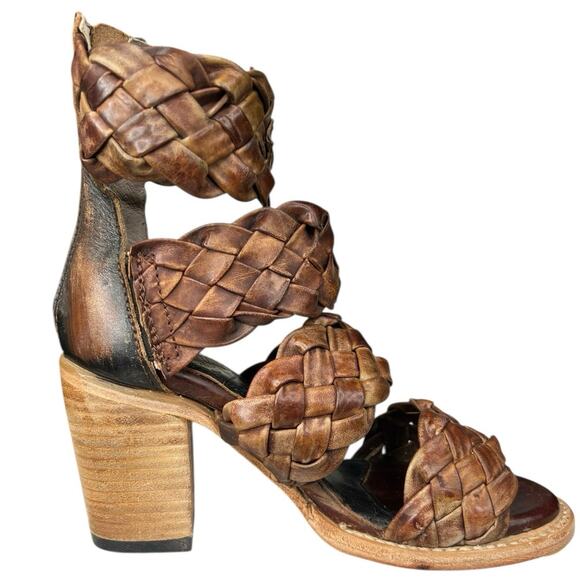 Freebird By Steven Women’s Bayou Brown Leather Woven Heeled Sandals Size 6 - Picture 4 of 11